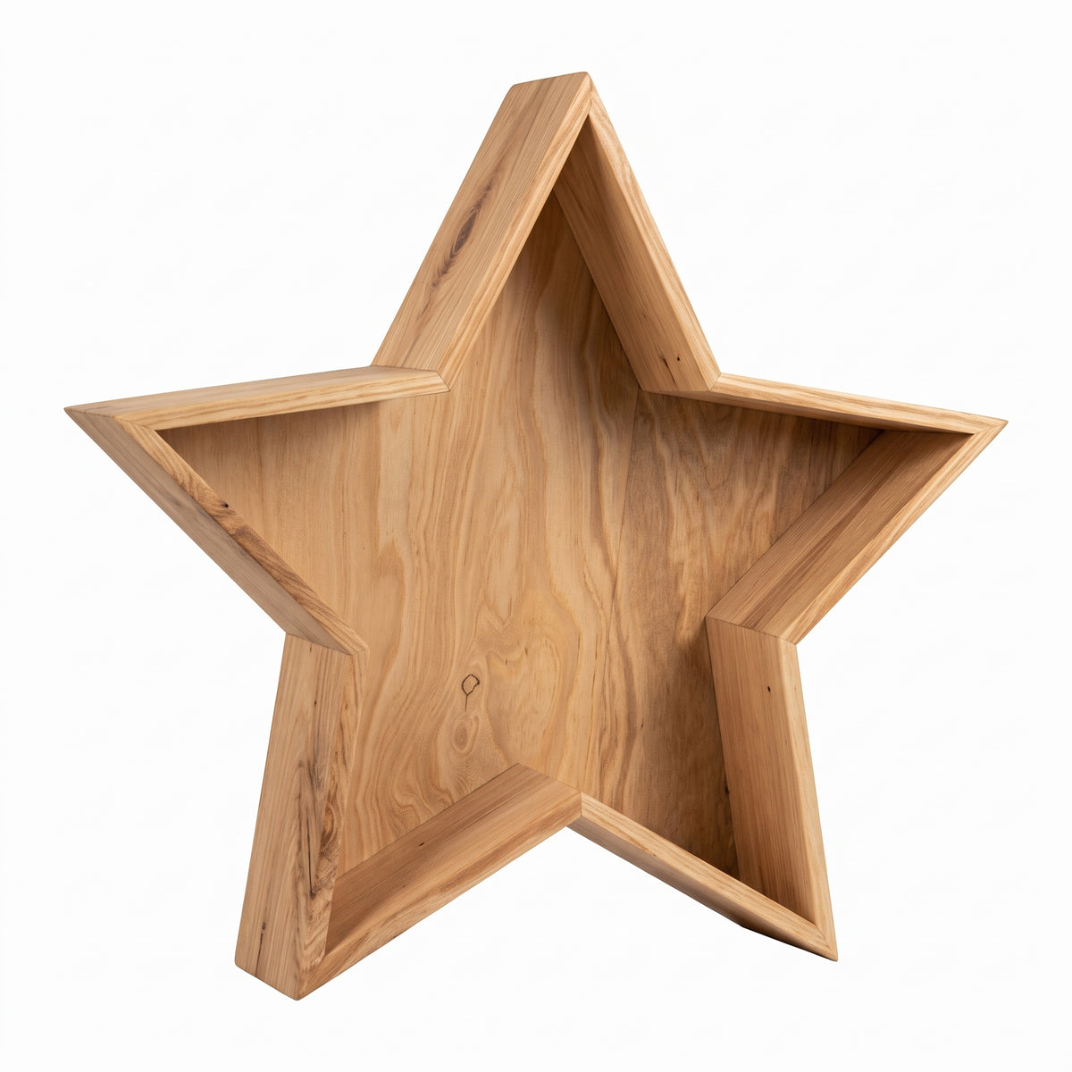 Natural wooden display box crafted in a five-pointed star silhouette. Designed with deep raised edges to hold, arrange, and present gourmet foods, treats, or holiday gift sets.