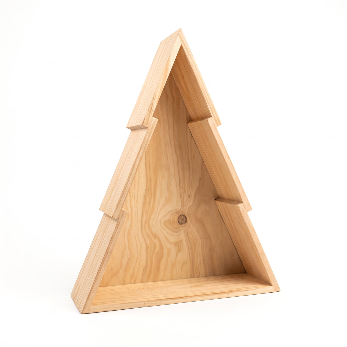 Natural wooden display tray crafted in a Christmas tree silhouette. Designed with raised edges to hold, arrange, and showcase gourmet products, sweets, or holiday gift sets.