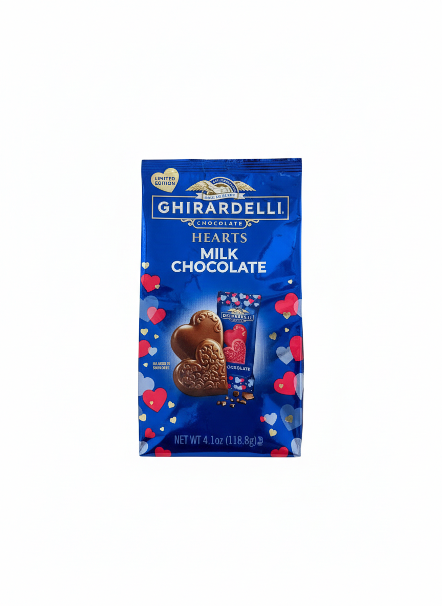 Ghirardelli milk chocolate hearts packaging on a white background choclate caracas delivery grand gourmet