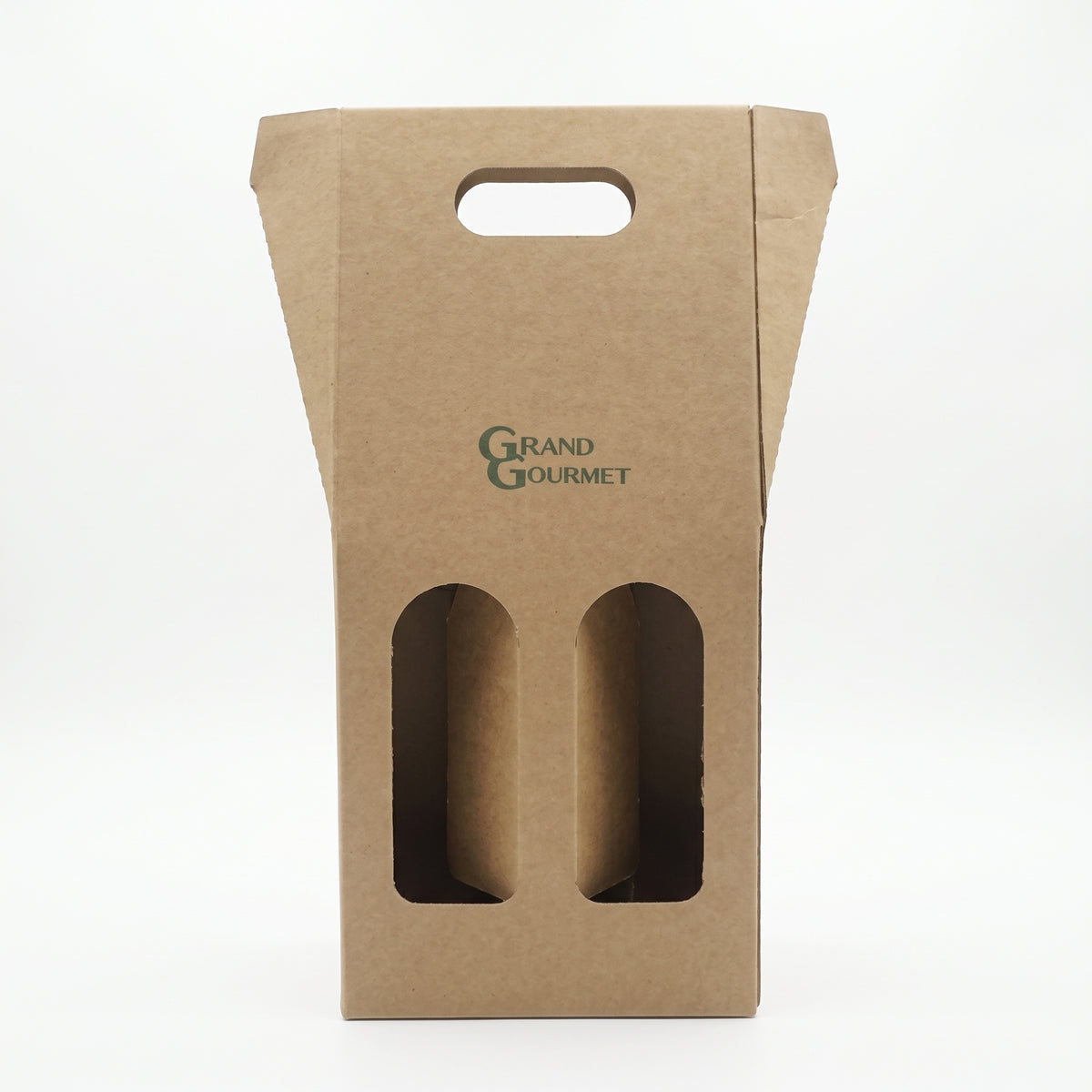 Rigid kraft cardboard double-bottle packaging featuring an integrated carrying handle for comfortable and safe transport. Designed with two front die-cut windows to showcase the labels of wine.