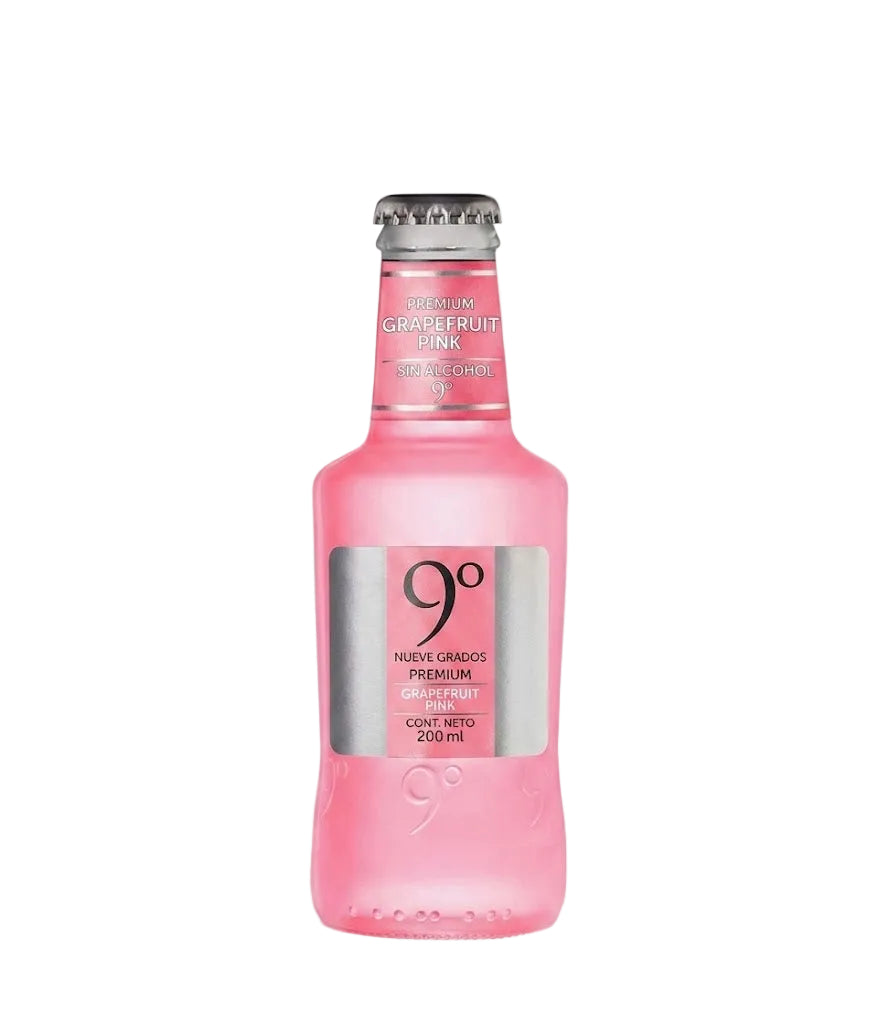A 9° premium sparkling pink drink in a clear glass bottle with a silver cap and a silver label, shown on a light gray background.