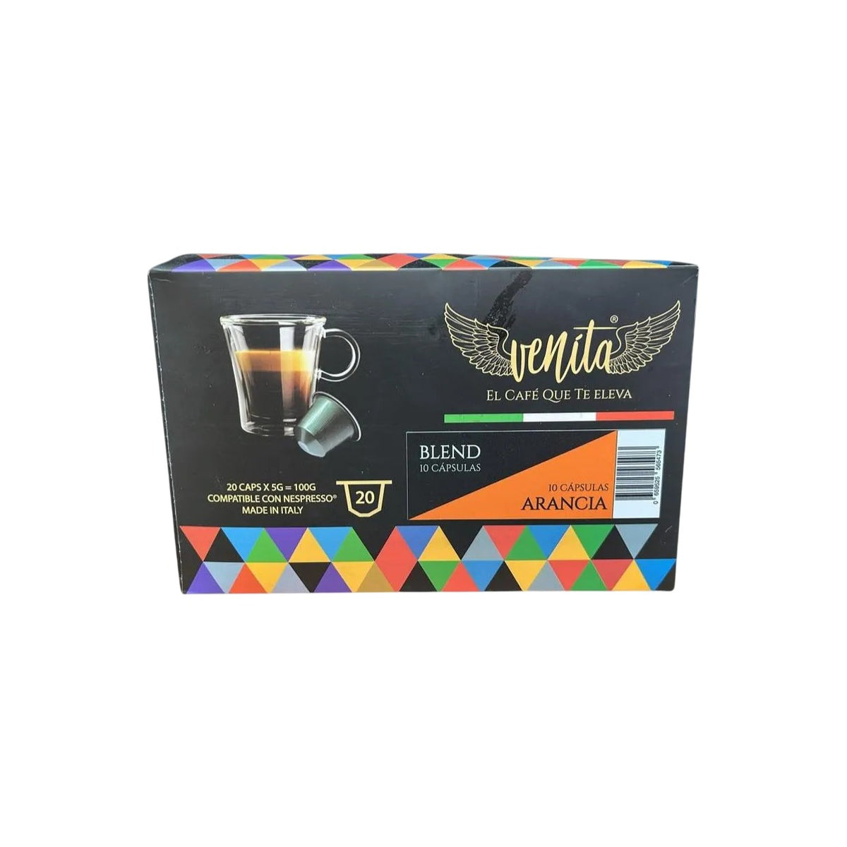 A box of Venita El Cafe Que Te Eleva Blend 10 Capsulas (Orange) coffee capsules, featuring a black box with colorful geometric patterns and a graphic of a coffee cup.