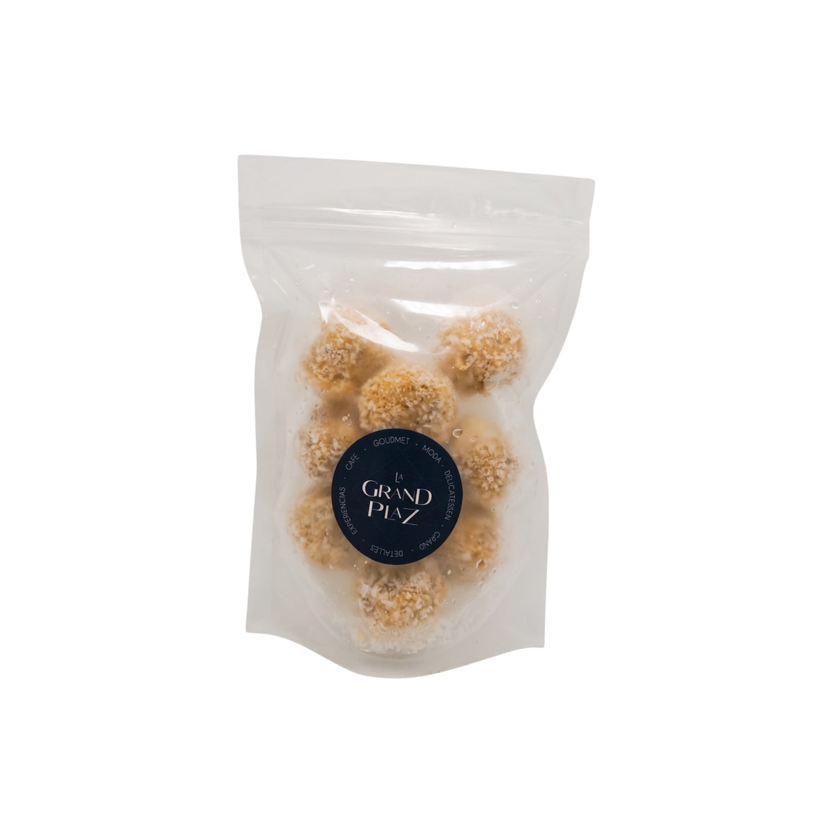 A clear resealable stand-up pouch containing several round, ham croquettes, with a black circular label reading 'La Grand Plaz' on the front, isolated on a white background.