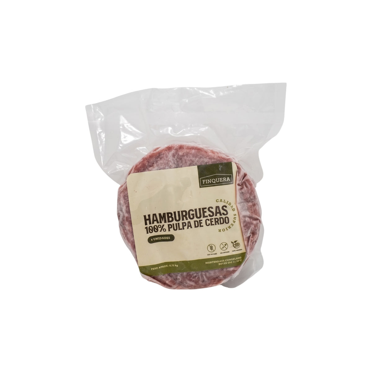A vacuum-sealed package of Finquera 100% pork hamburger meat patties with a beige and green label, set against a plain white background.