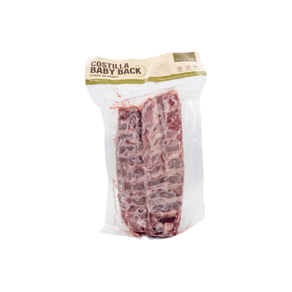 Packaged raw Costilla Baby Back ribs in a clear plastic bag with a beige and green header label. The label reads 'COSTILLA BABY BACK' and 'CARNE DE CERDO'.