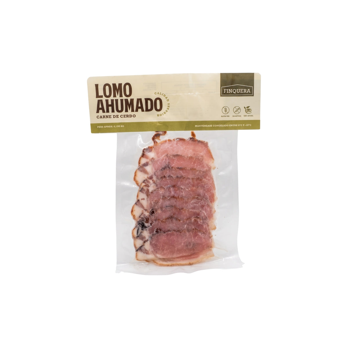 Packaged sliced ham labeled 'LOMO AHUMADO' with 'FINQUERA' branding, shown in a clear plastic bag with a beige and olive label on a white background.