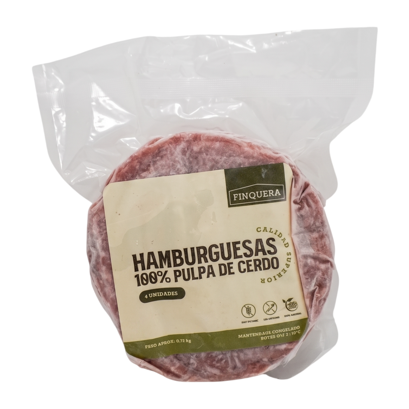 A vacuum-sealed package of Finquera 100% pork hamburger meat patties with a beige and green label, set against a plain white background.