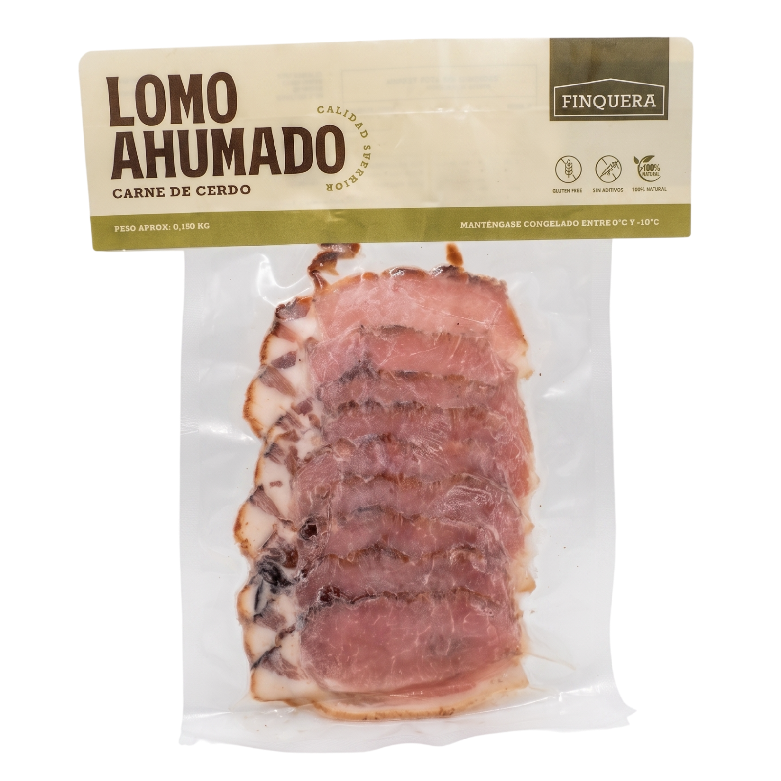 Packaged sliced ham labeled 'LOMO AHUMADO' with 'FINQUERA' branding, shown in a clear plastic bag with a beige and olive label on a white background.