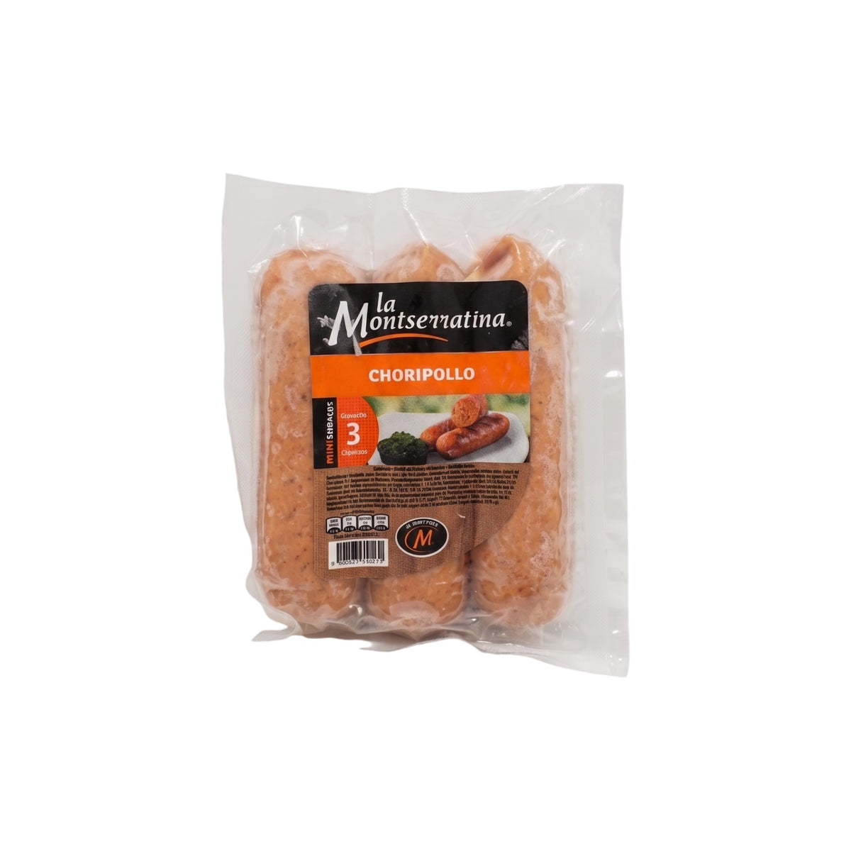A vacuum-sealed package of La Montserratina Choripollo sausages, showing the orange-brown sausages inside a clear plastic bag with a black and orange label.