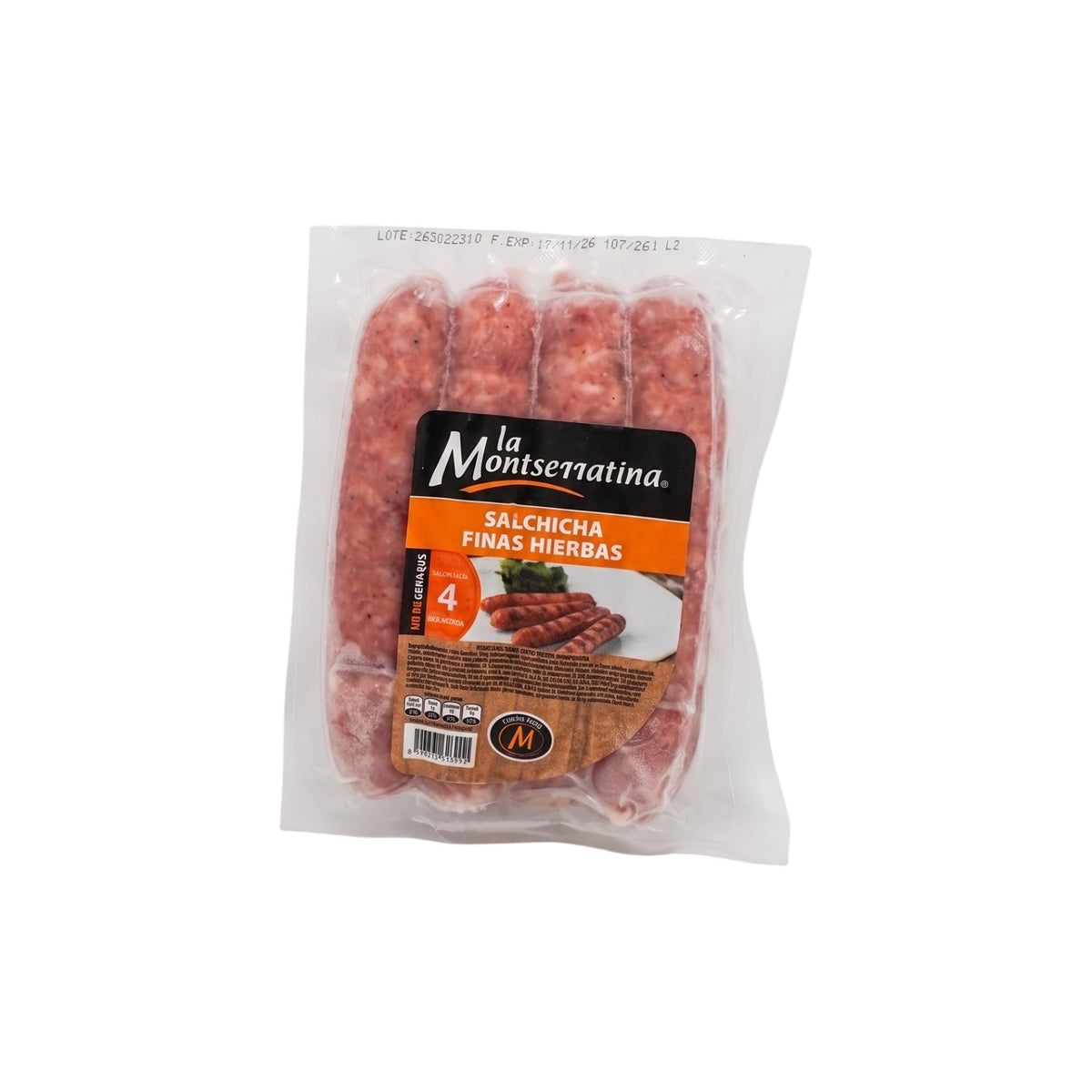A package of four sausages by la Moniserratina, featuring a clear plastic bag with a black and orange label, set against a plain white background.