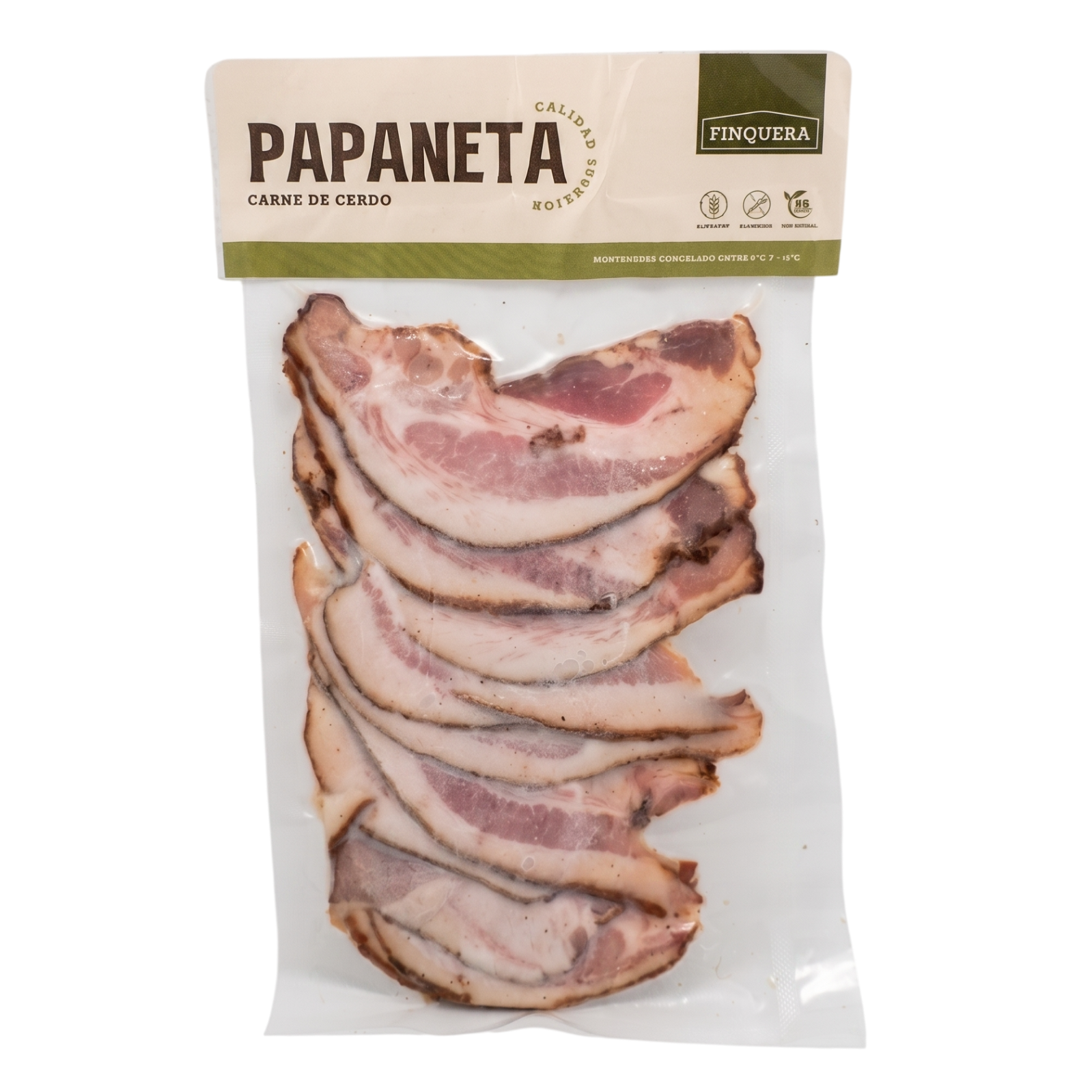 A package of Finocera Papaneta cured bacon slices, shown in a clear plastic bag with a cream and green paper header card, isolated on a white background.