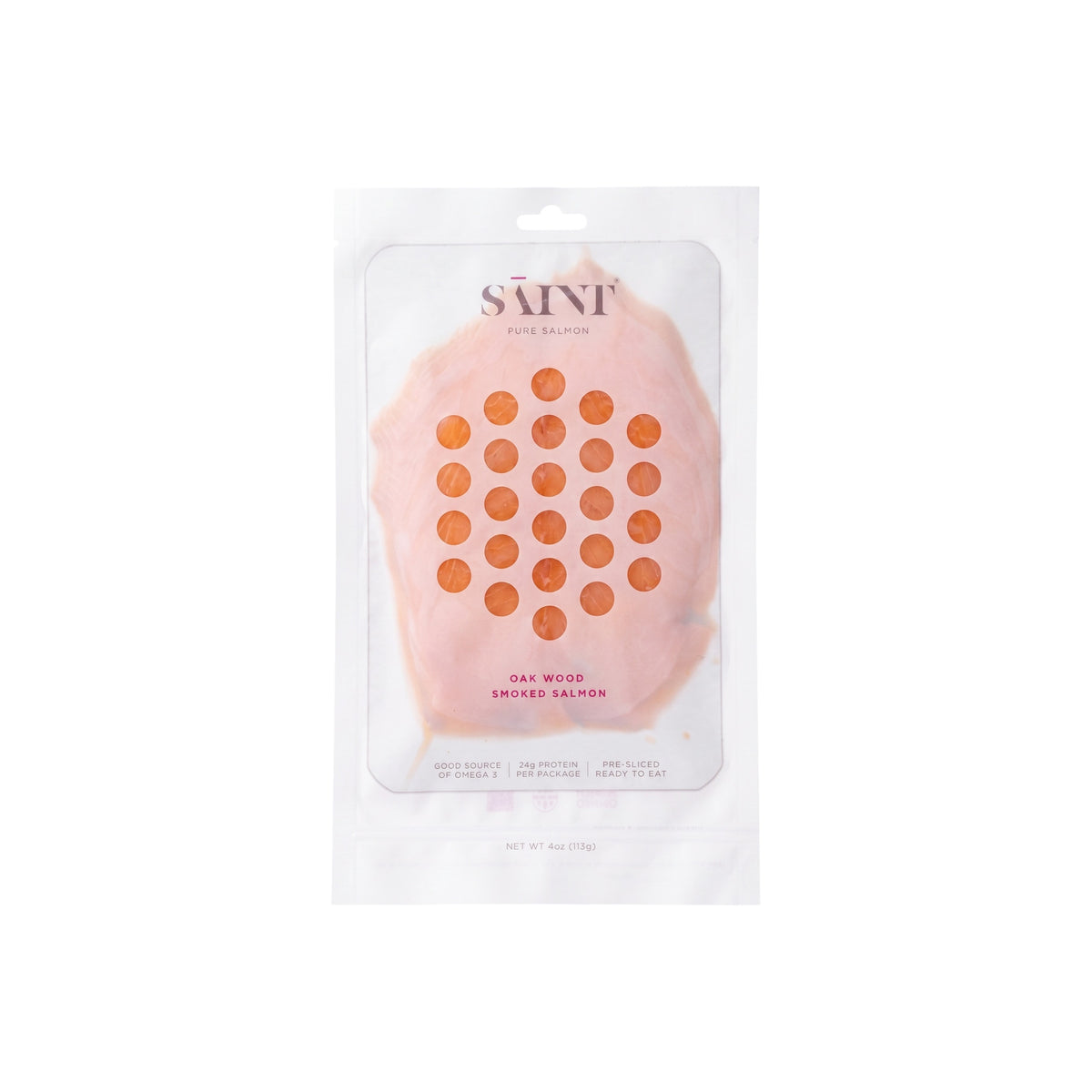 Saint Pure Salmon pre-sliced smoked salmon in a clear plastic pouch with a white backing card, featuring a pink salmon fillet graphic and orange circular cutout details.