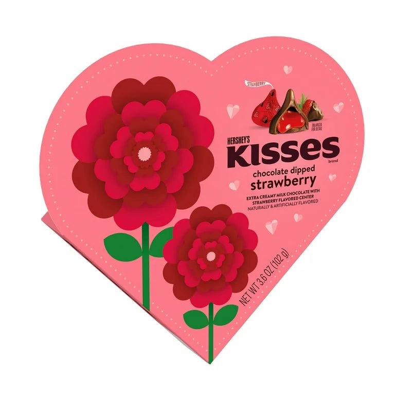 Heart-shaped Hershey's Kisses strawberry chocolate packaging with red flowers on a white background choclate deleivery caracas grand gourmet 