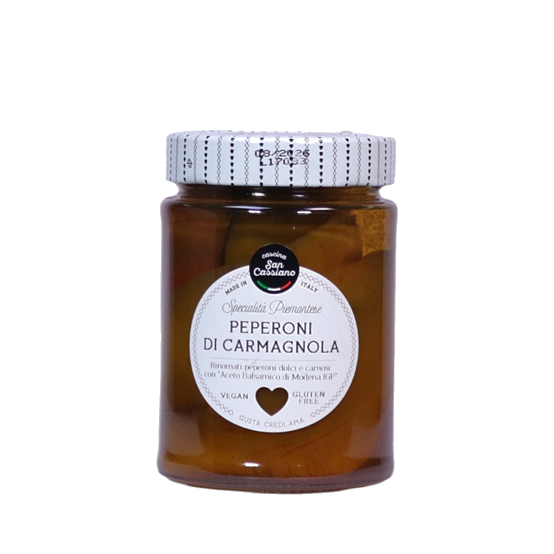 San Cassiano Peperoni Di Carmagnola In Agrodolce Con Aceto Balsamico Di Modena IGP 290g - Disponible en Licorería Grand Gourmet Caracas