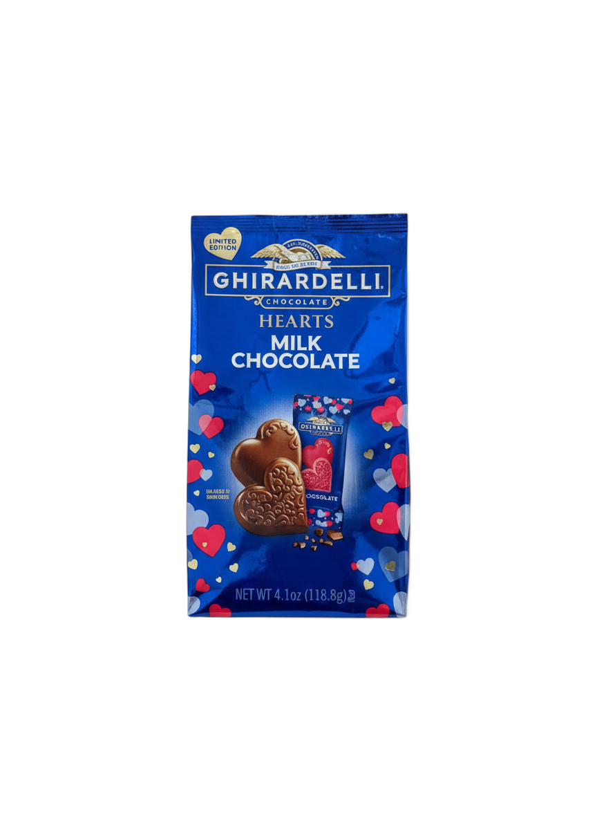 Ghirardelli milk chocolate hearts packaging on a white background choclate caracas delivery grand gourmet