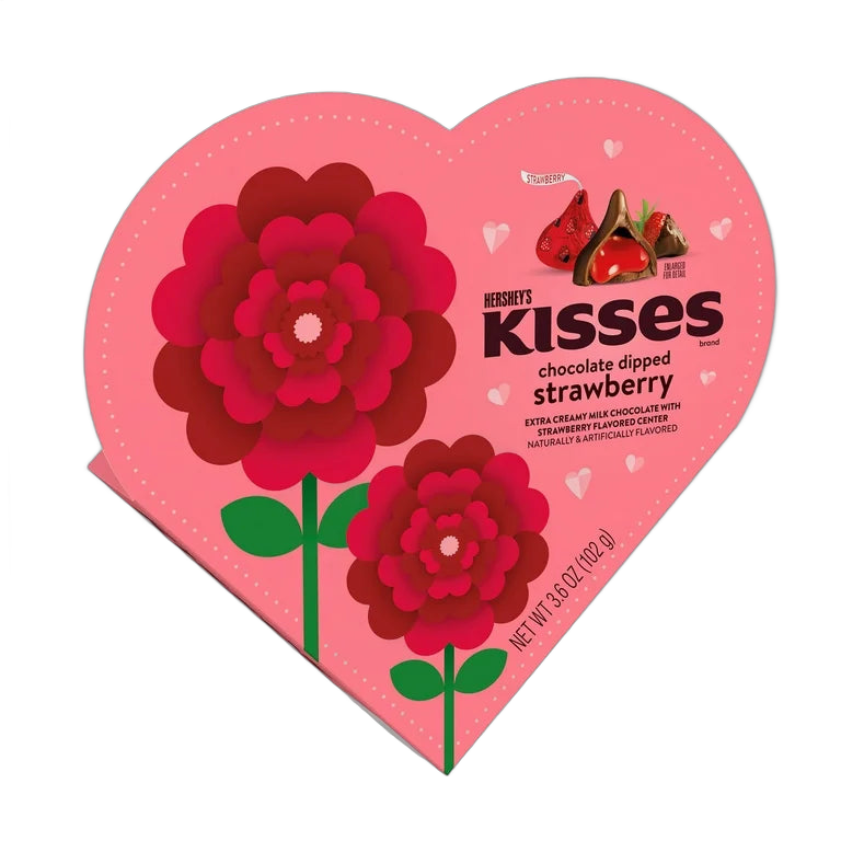 Heart-shaped Hershey's Kisses strawberry chocolate packaging with red flowers on a white background choclate deleivery caracas grand gourmet 