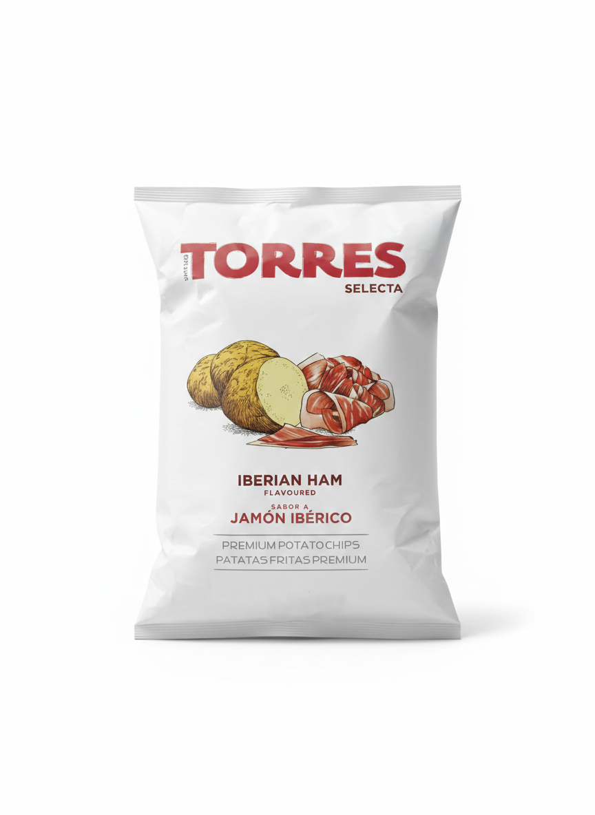 Torres Selecta packaging with Iberian Ham illustration on a white background