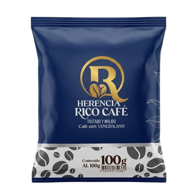 A 100g bag of Herencia Rico Café coffee, featuring a dark blue packaging design with a gold logo and a white patterned bottom section.