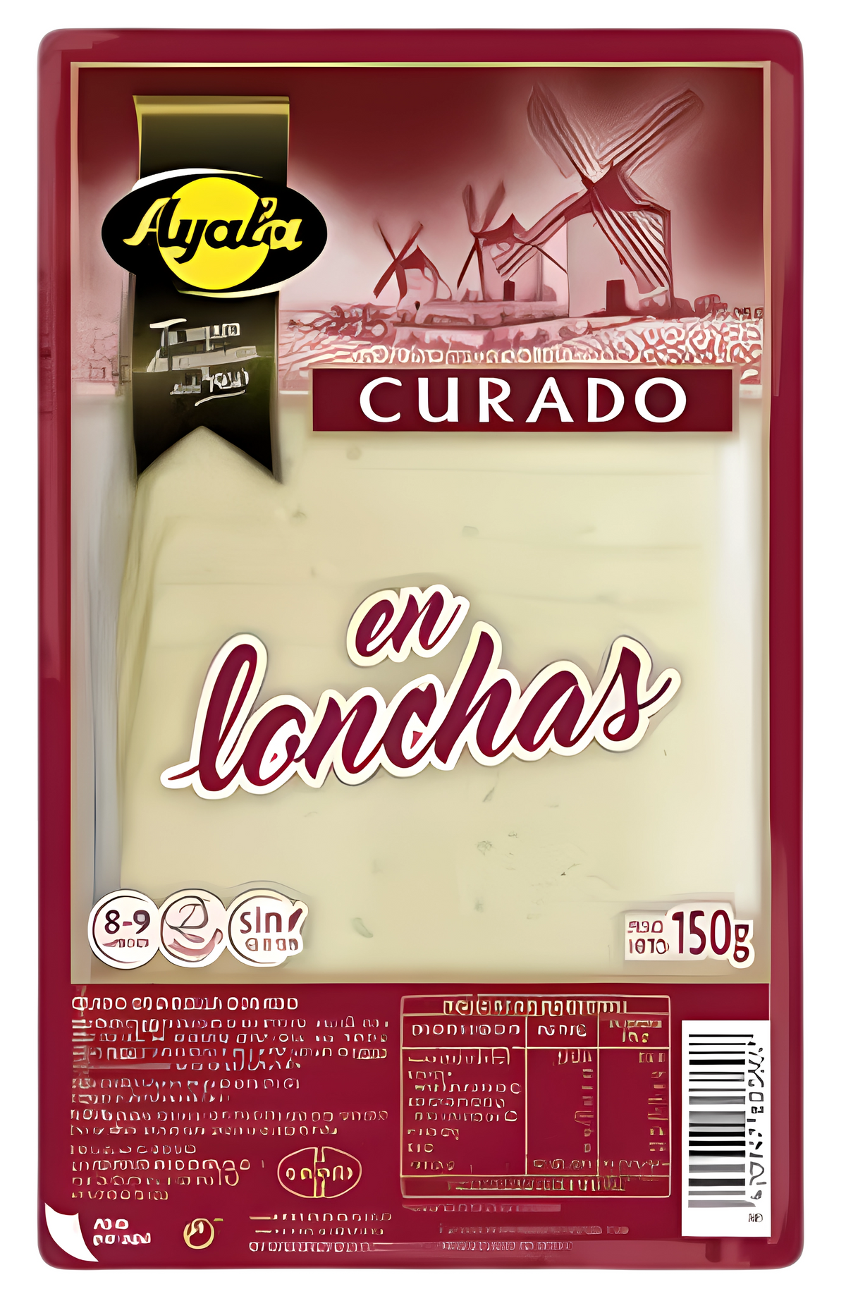 Ayala Curado en lonchas packaged food product in a rectangular package with a red border, cream-colored product area, and Spanish text including 'CURADO en lonchas' and '150g'.