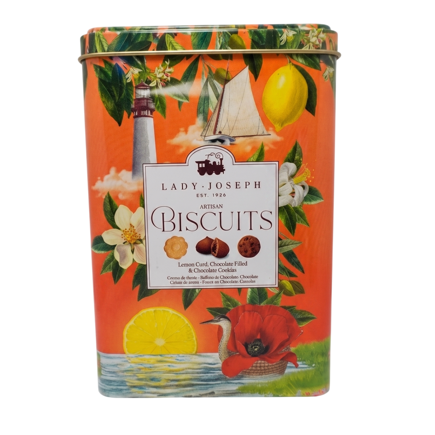 A rectangular tin of Lady Joseph Biscuits on a plain white background. The tin features a vibrant orange tropical design with illustrations of lemons, hibiscus flowers, a sailboat, and a bottle of rum, with a white central label reading 'LADY JOSEPH EST.
