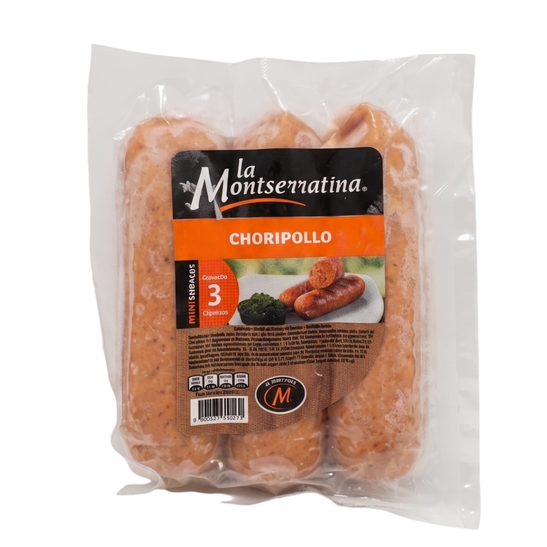 A vacuum-sealed package of La Montserratina Choripollo sausages, showing the orange-brown sausages inside a clear plastic bag with a black and orange label.