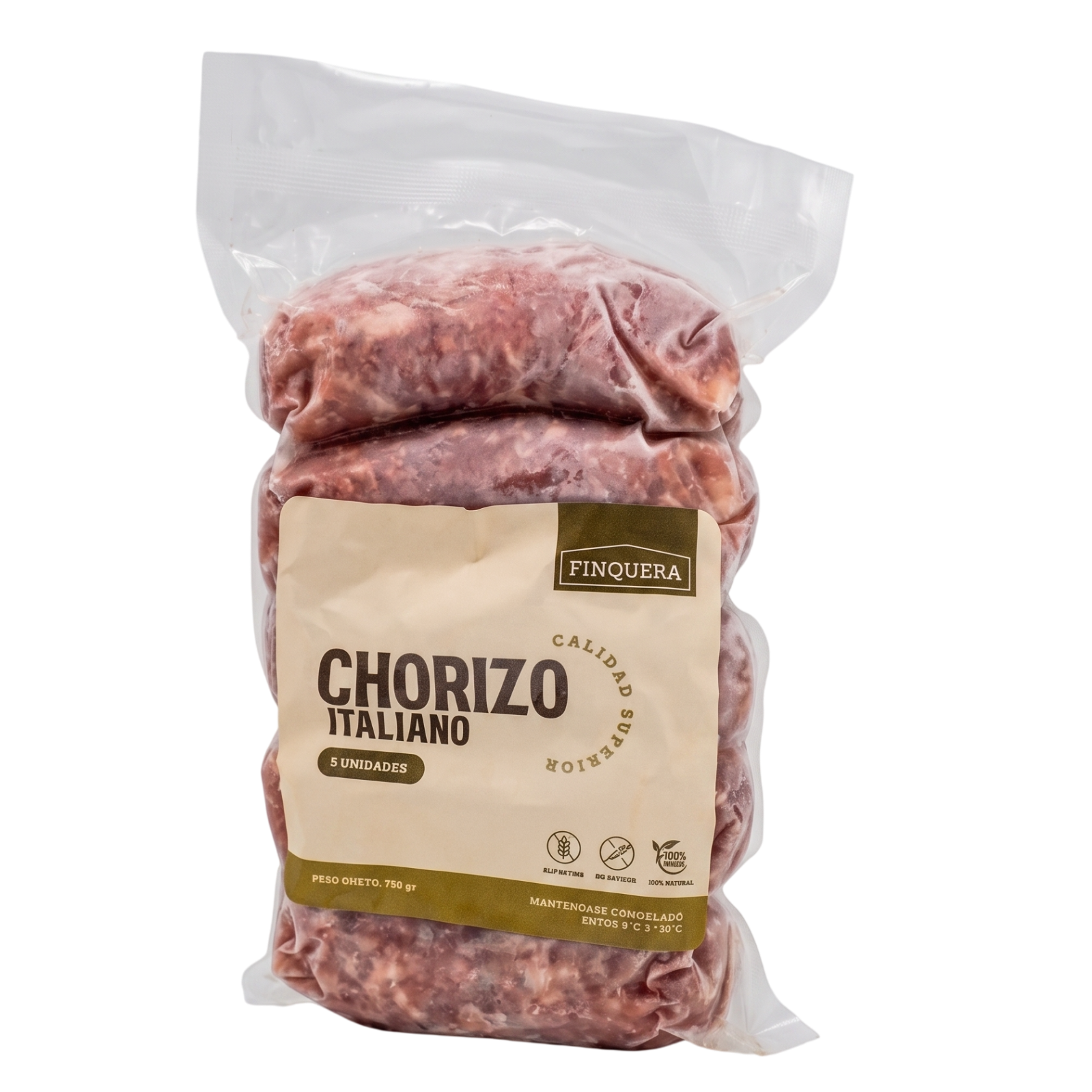 A package of Finquera Chorizo Italiano ground meat in a clear plastic bag with a beige and brown paper label, isolated on a white background.