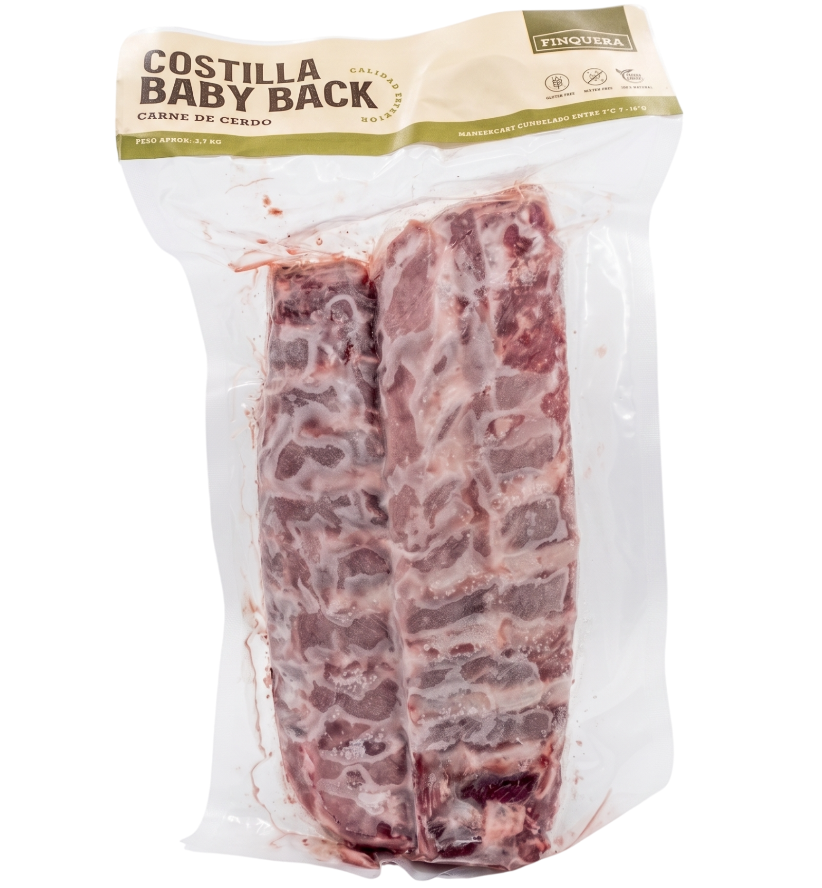 Packaged raw Costilla Baby Back ribs in a clear plastic bag with a beige and green header label. The label reads 'COSTILLA BABY BACK' and 'CARNE DE CERDO'.
