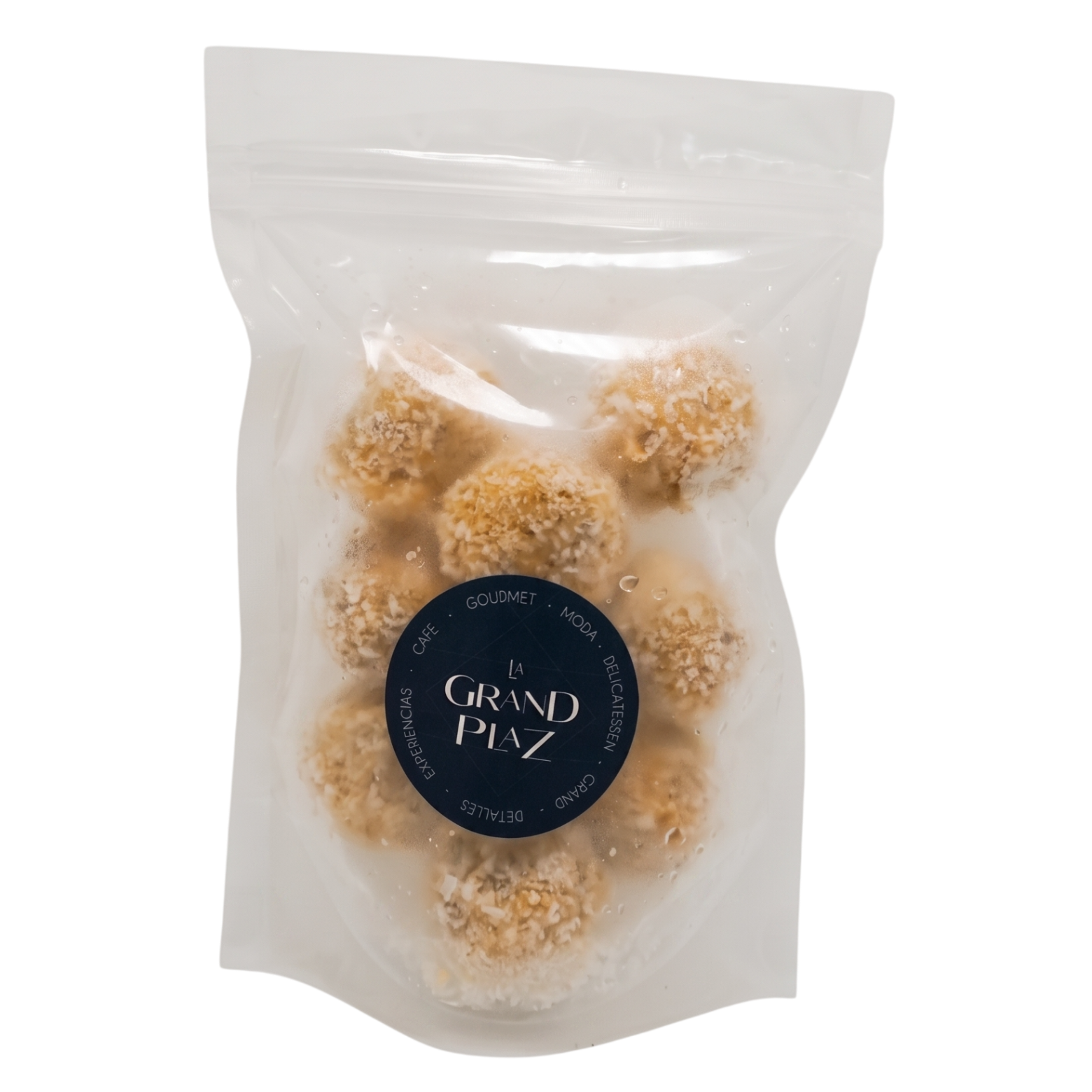 A clear resealable stand-up pouch containing several round, ham croquettes, with a black circular label reading 'La Grand Plaz' on the front, isolated on a white background.