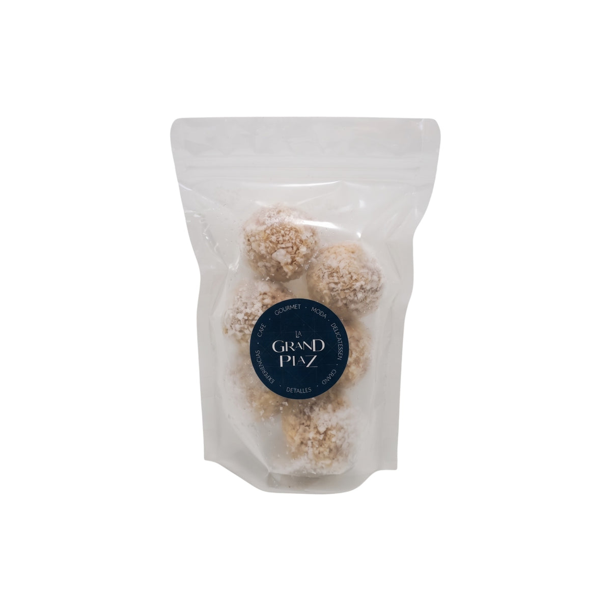 A clear stand-up pouch containing several round, octopus croquettes, with a dark blue circular label reading 'la GRAND PlaZ' in the center, on a plain white background.