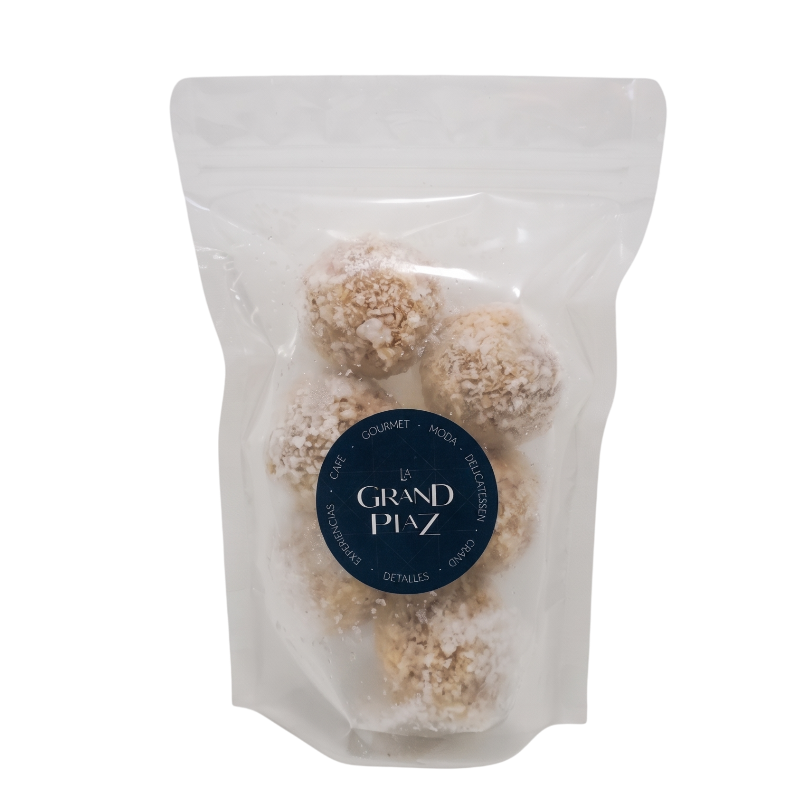 A clear stand-up pouch containing several round, octopus croquettes, with a dark blue circular label reading 'la GRAND PlaZ' in the center, on a plain white background.