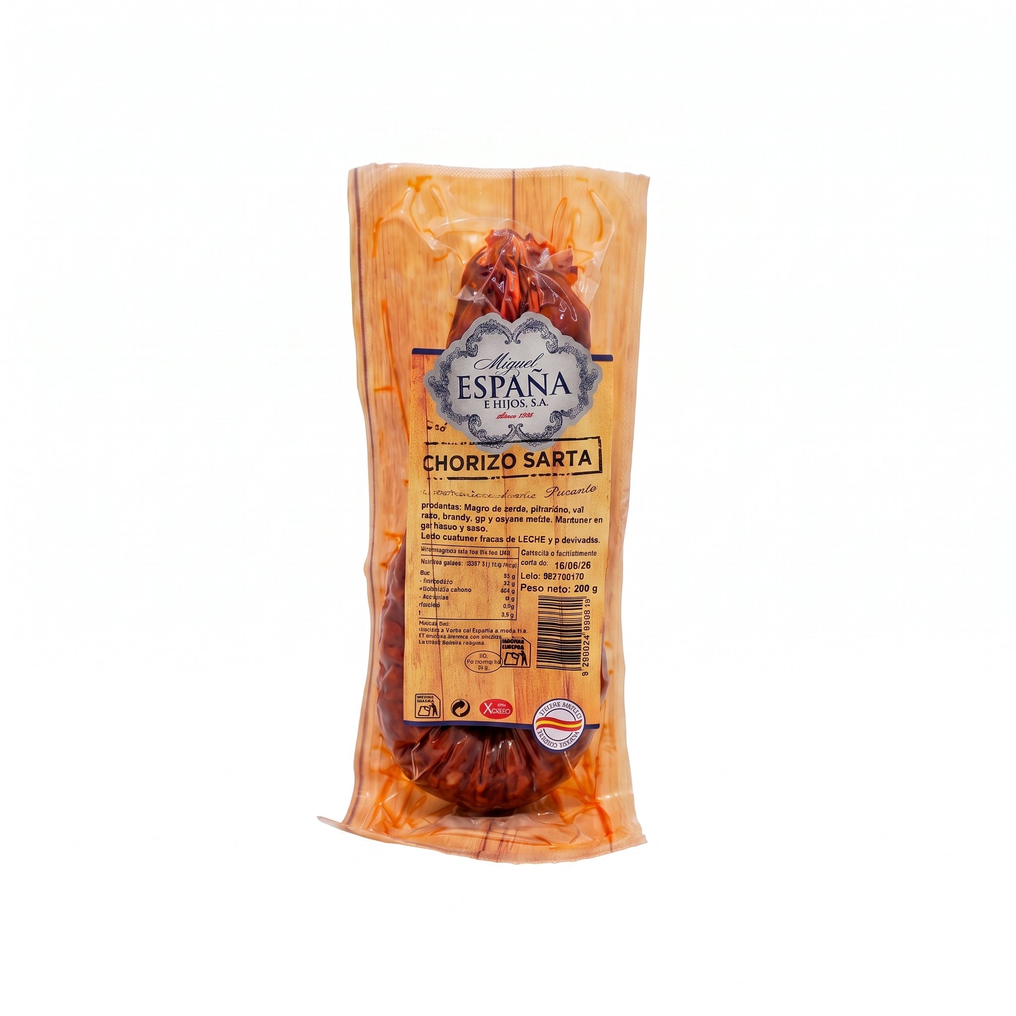 A package of Spain Ikonos Chorizo Sarta sausage in clear plastic packaging showing the orange-red cooked sausage inside, with a prominent label in the center.