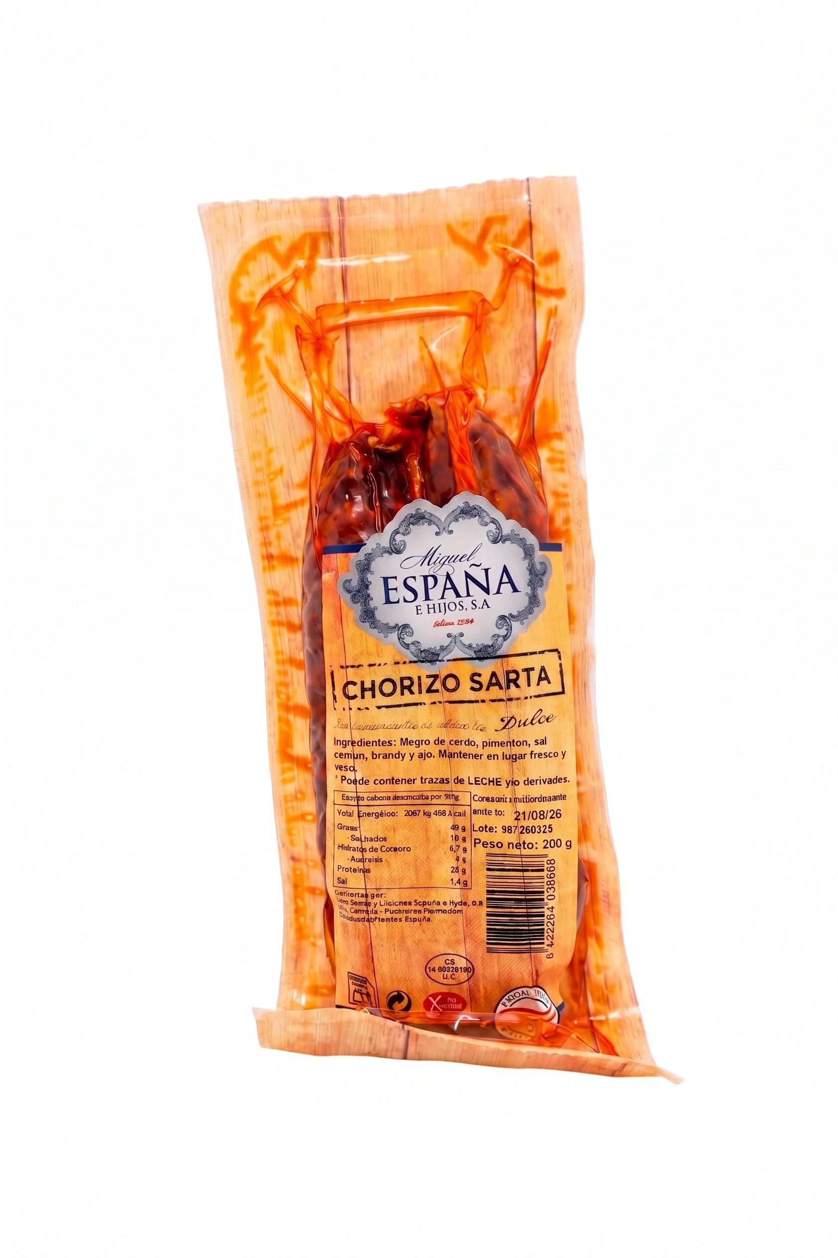 A package of Chorizo Sarta by Harin Spain, featuring reddish-brown sausage pieces visible through a clear window in an orange-tinted plastic bag with a white and blue brand label.