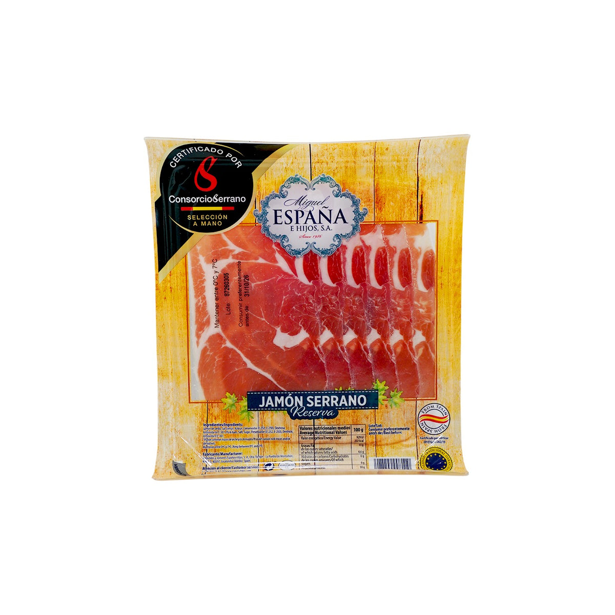 Packaged sliced ham in a clear plastic bag with a printed front panel. The package shows the brand names 'Miguel España' and 'Consorcio Serrano', along with a large photo of pink cured meat slices on a yellow wood-grain style background.