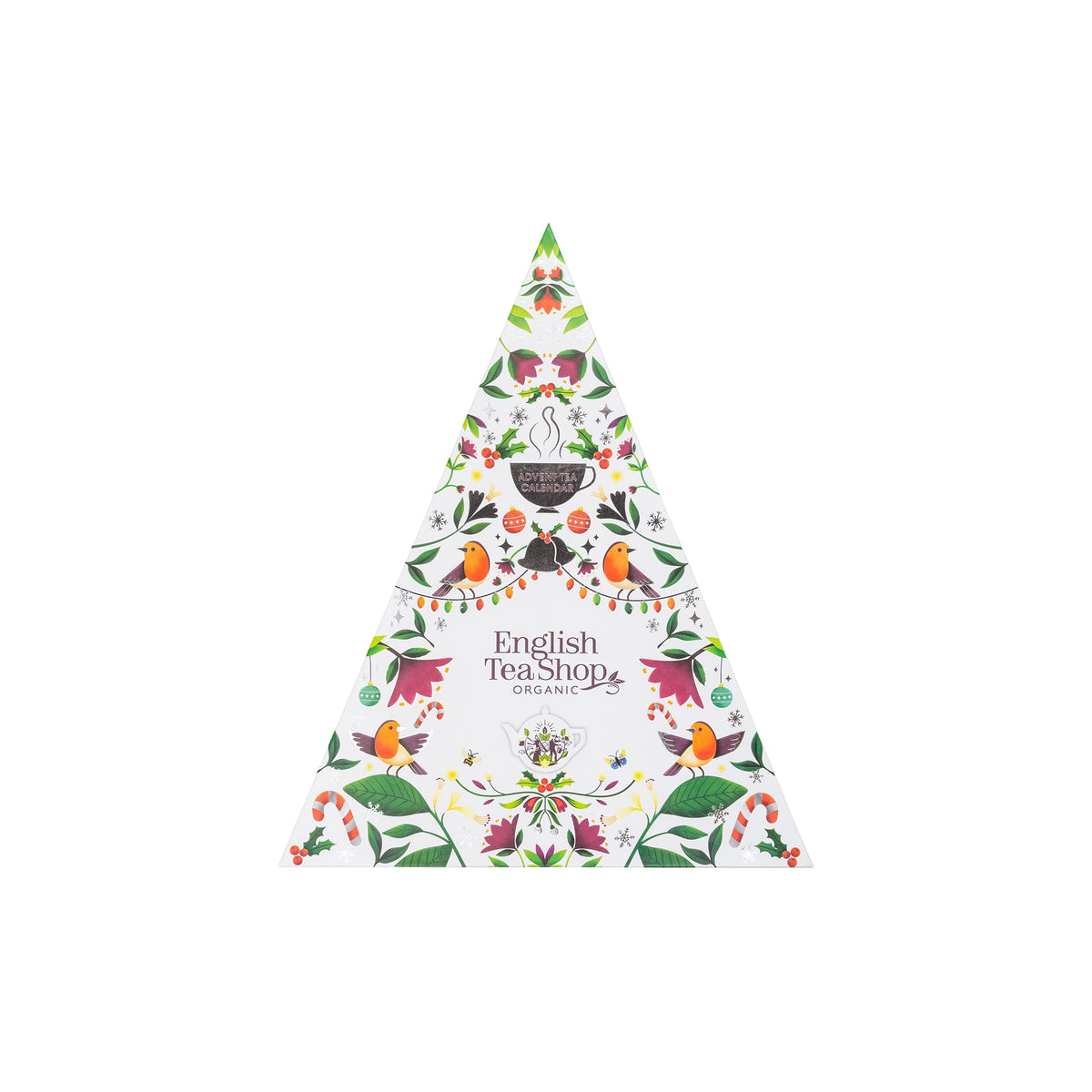 A triangular box of English Tea Shop Organic tea, decorated with a festive Christmas illustration featuring birds, holly, mistletoe, candy canes, and a teacup on a white background.