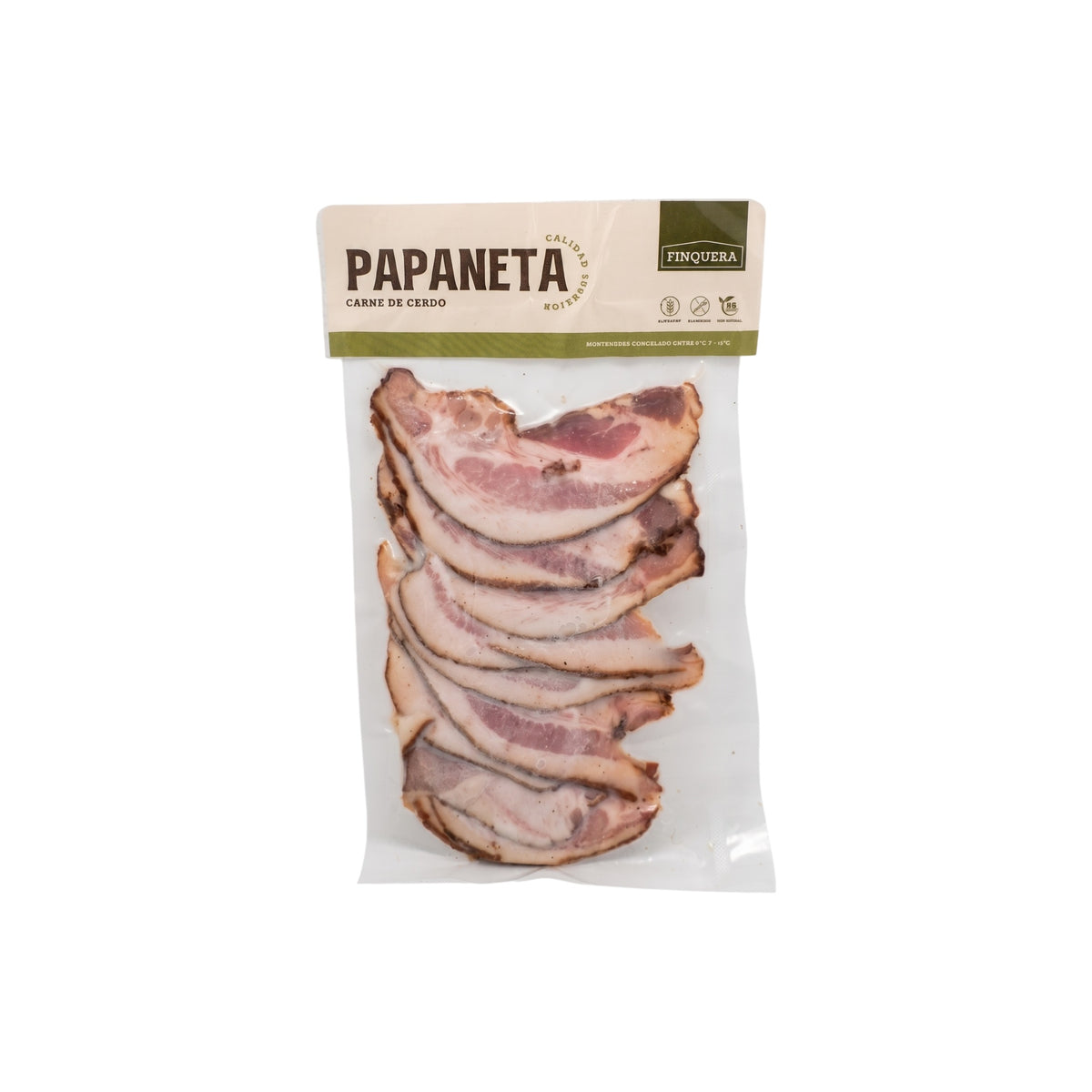 A package of Finocera Papaneta cured bacon slices, shown in a clear plastic bag with a cream and green paper header card, isolated on a white background.