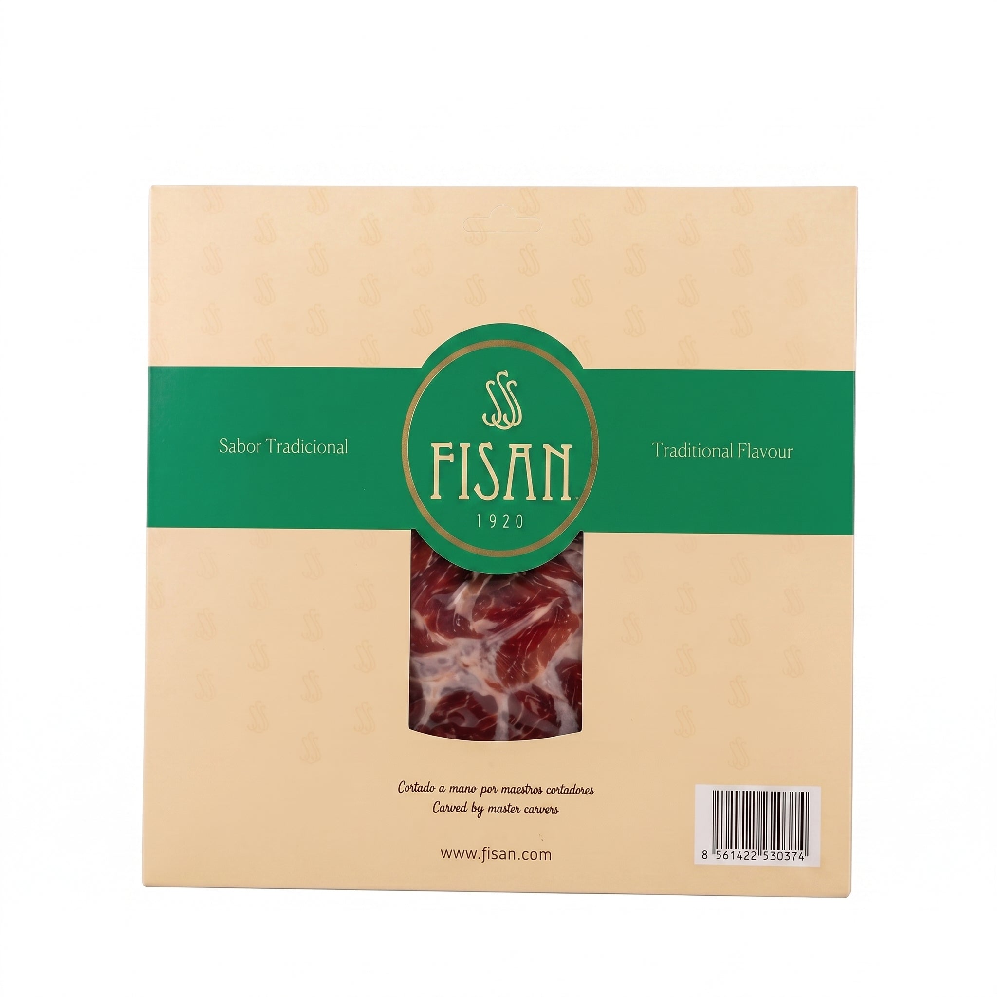 Fisan Traditional Flavour cured meat in a square beige cardboard box with a green horizontal band and a circular green logo on the front, featuring a clear window showing the sliced cured meat.