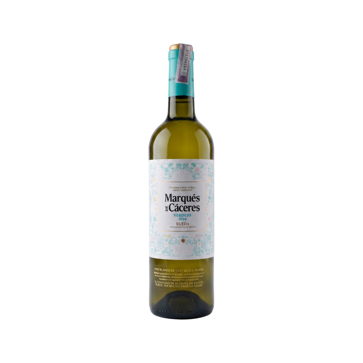 A bottle of Marqués de Cáceres Verdejo Blanca white wine, featuring a light blue and white patterned label and a light blue foil seal on the neck, set against a plain white background.