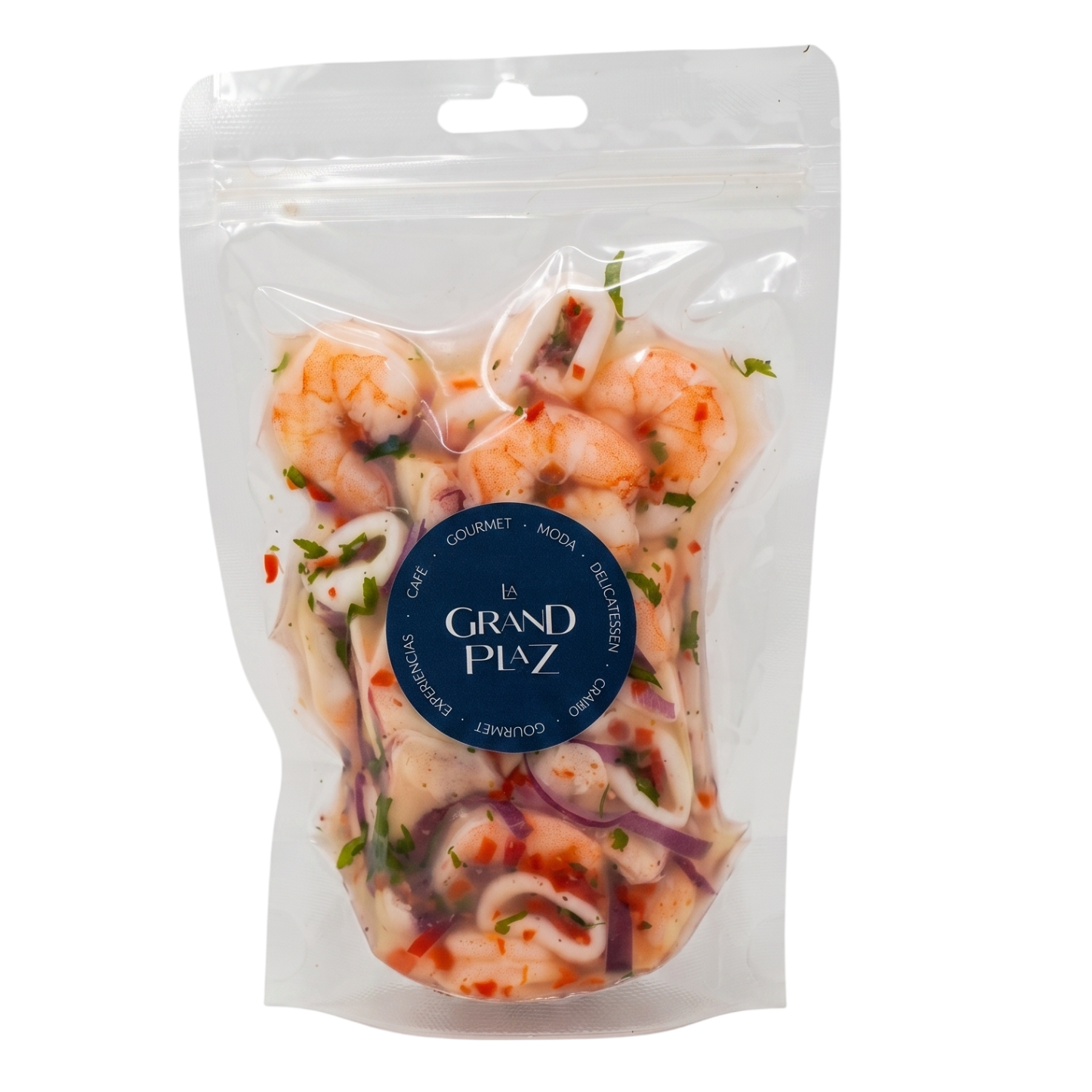 A clear plastic resealable pouch containing a seafood salad with shrimp, squid, red onion, and herbs, with a round blue label reading 'The Grand Plaz' on the front, isolated on a white background.